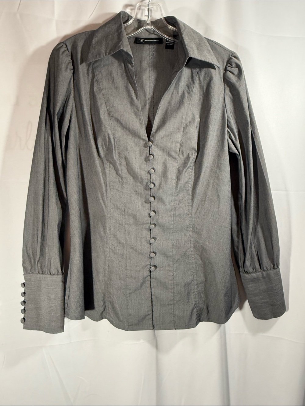 INC International Concepts Gray Long Sleeve Button-Front Blouse Size 10